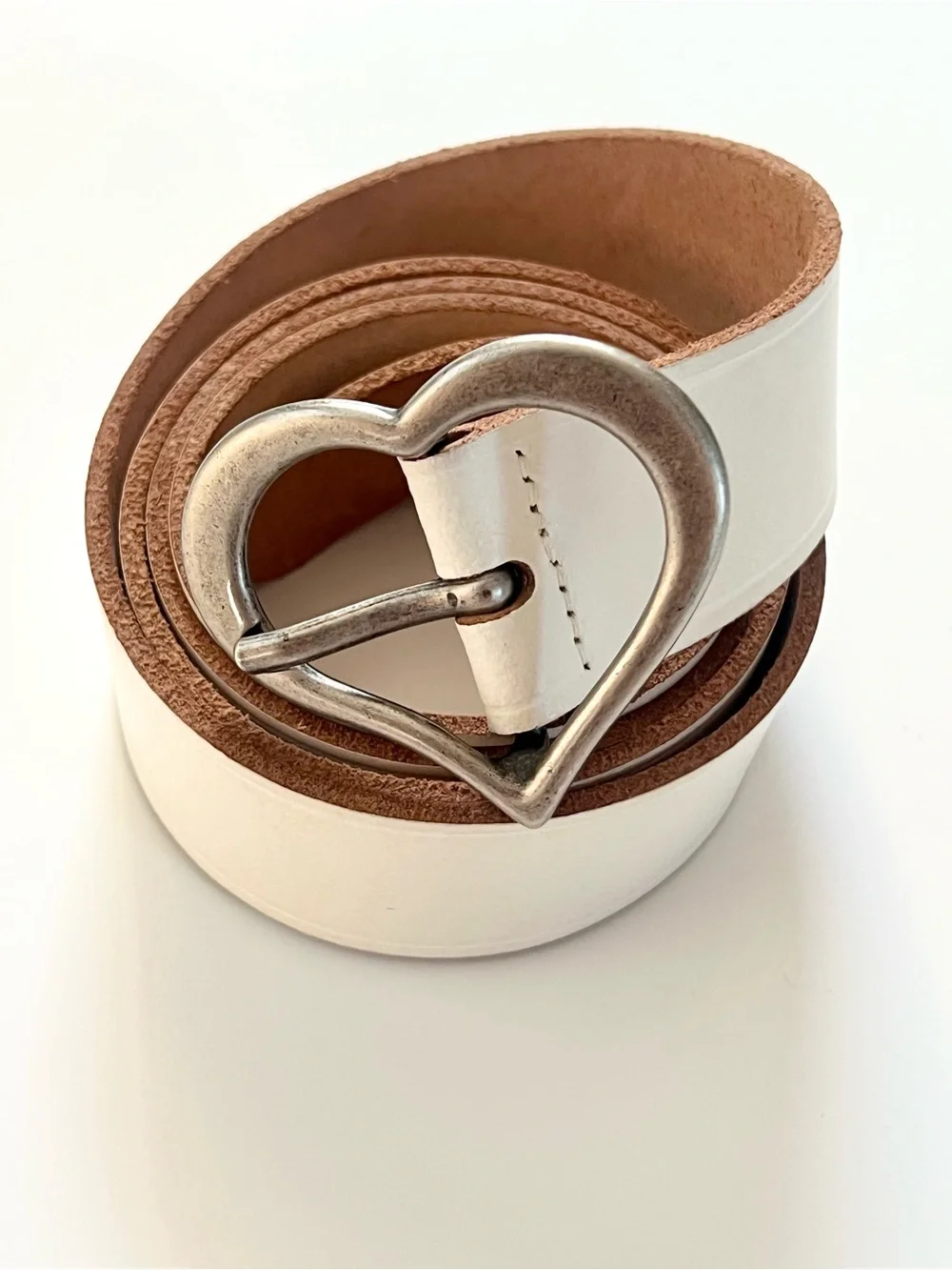 White Leather Belt with Heart Buckle